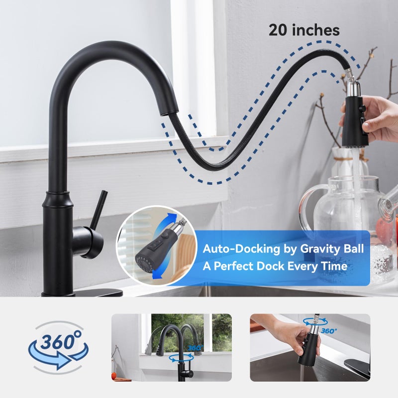 Arofa Matte Black Kitchen Faucet with Pull Down Spayer Arofa Single Handle Pull Out Kitchen Sink Faucet with Sprayer, Solid Brass Commercial Faucet for Kitchen Sink, RV, Outdoor, Laundry & Utility Room Sink - Image 4